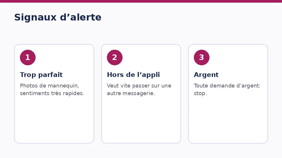 Trois cartes avec des signaux d’alerte: profil trop parfait, sortie rapide de l’appli et demande d’argent